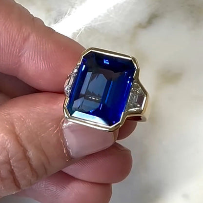 4ct Emerald Cut Blue Gemstone Three Stone Engagement Ring - JEWELBUYS