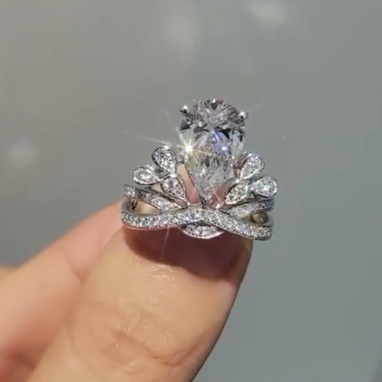 Elegant 5 ctw Pear Cut White Gemstone Crown Engagement Ring -JEWELBUYS