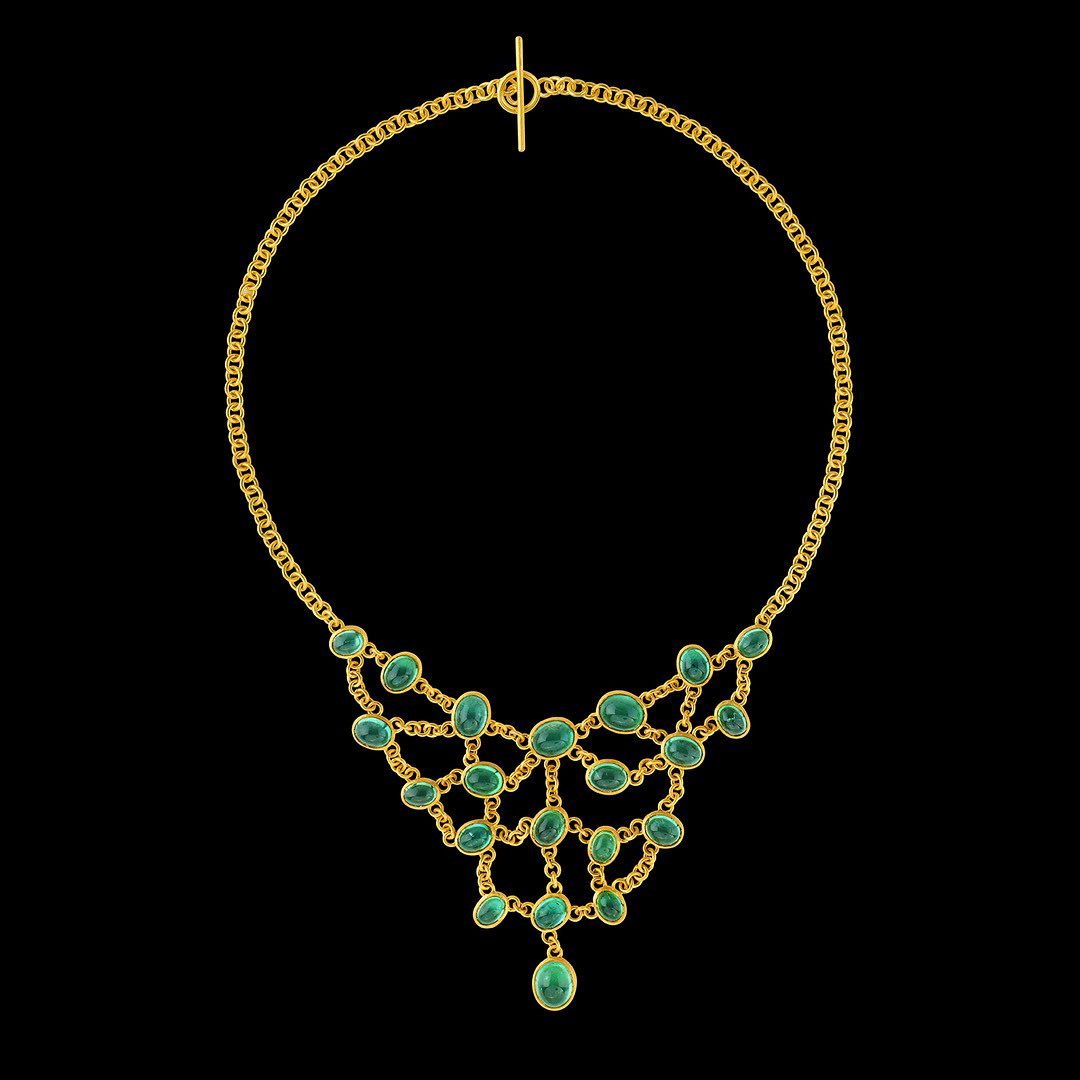 21ctw Cabochon Emerald Mesh Necklace-JEWELBUYS