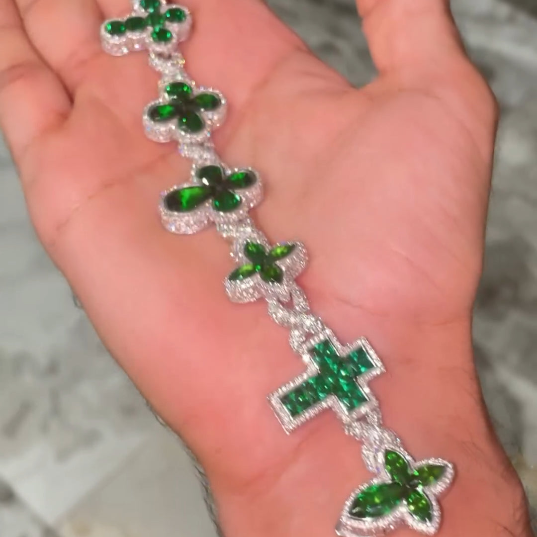 40ctw Men's Multi-Cut Emerald Clover&Cross Design Bracelet -JEWELBUYS