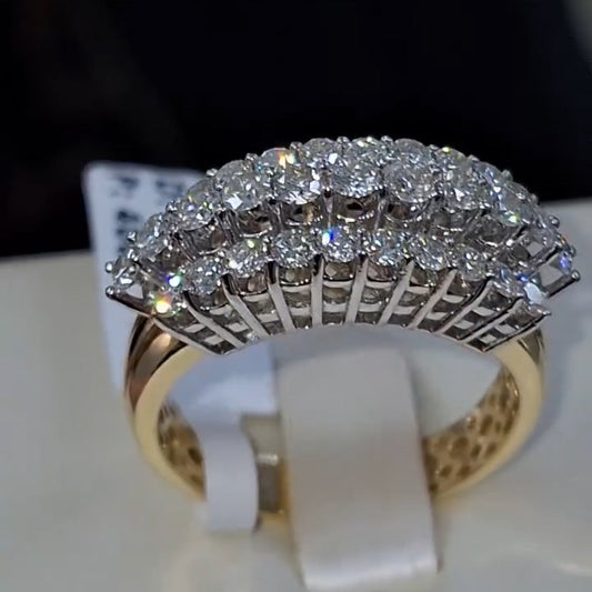 1.34Ctw Round-cut three-row sapphire bicolor gold ring- JEWELBUYS