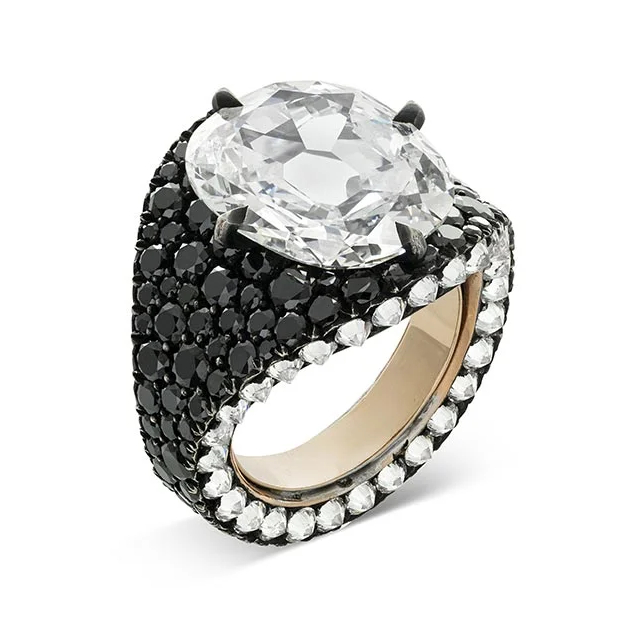 6.36Ct Cushion Cut Black Spinel and White Sapphire Ring-JEWELBUYS