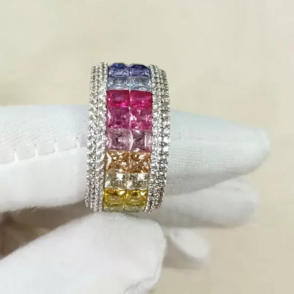 6.2ctw Rainbow Multi Color Sapphire Princess Cut Ring-JEWELBUYS