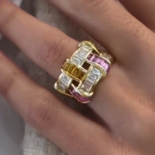 Eternal Art 2ct Emerald Cut Pink Sapphire Wide Band Two Tone Weave Ring in Gold-JEWELBUYS