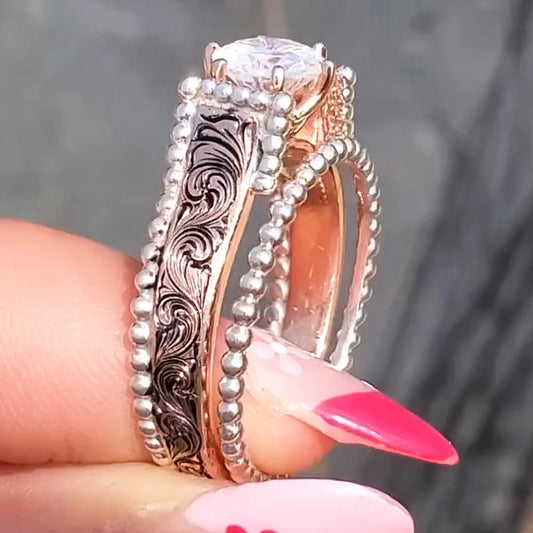 2.0ct Round Cut Rose Gold Hand Engraved Ladies Ring Set-JEWELBUYS