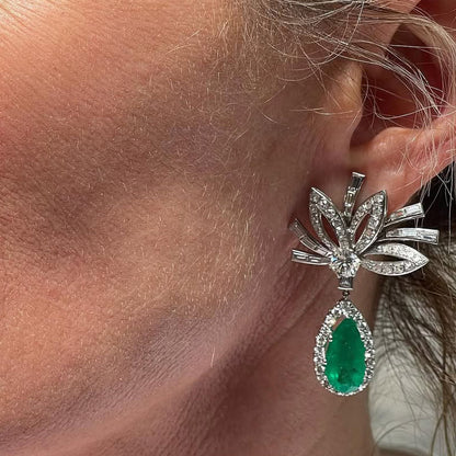 10.98Ctw Pear-shaped Colombian Emerald Pendant Earrings-JEWELBUYS