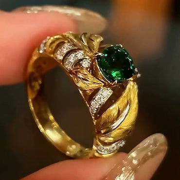 3.3CT Cushion Cut Emerald Vibrant Leaf Shape Engagement Ring-JEWELBUYS