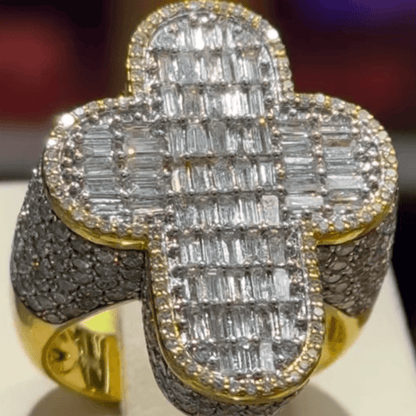 7ct Round & Baguette Cut White Sapphire Gold Cross Ring-JEWELBUYS