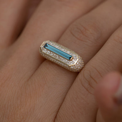 4.0Ctw Delicate Elongated Baguette Fancy Blue Sapphire Ring-JEWELBUYS