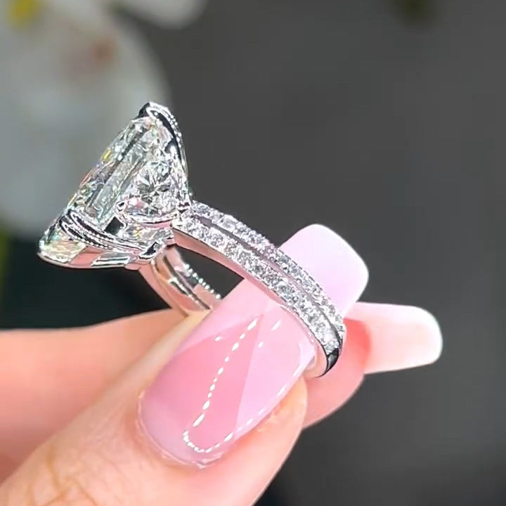 10ct Cushion Cut Engagement Ring with Heart Shaped Side Stones -JEWELBUYS