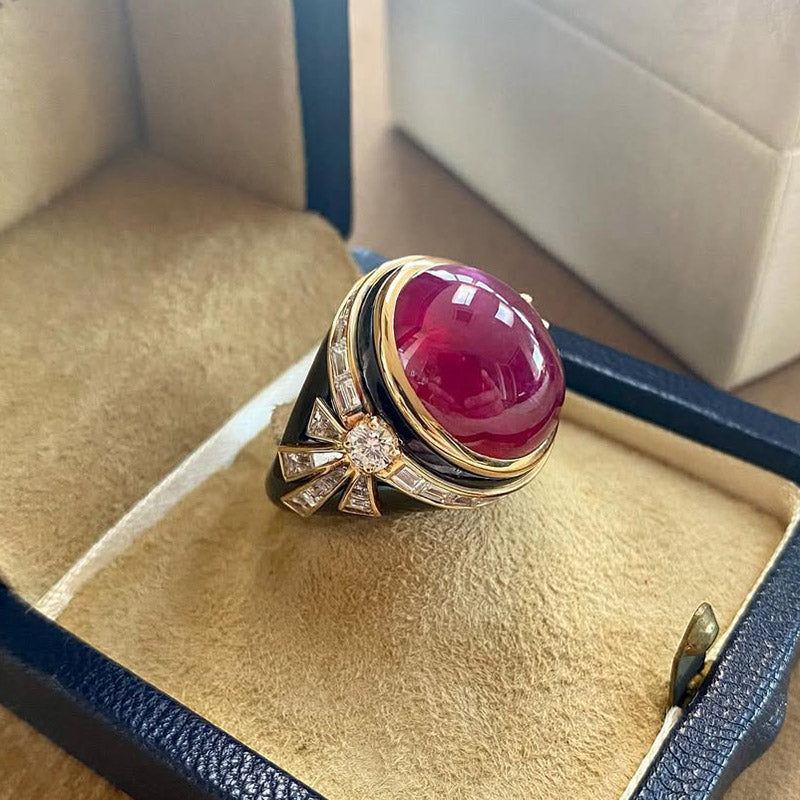 5.05Ctw Cabochon Ruby Black Hair Salon Ring-JEWELBUYS