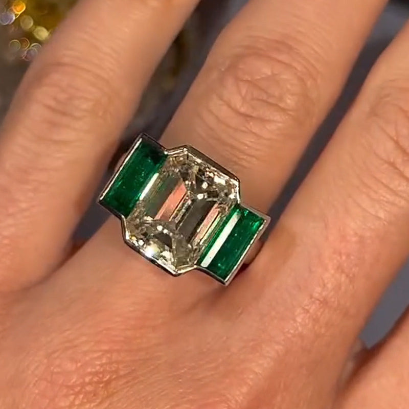 4.56ctw Emerald-Cut White and Green Sapphire 3-Stone Ring-JEWELBUYS