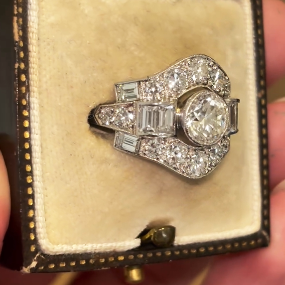 Art Deco 4 ctw Round & Emerald Cut White Gemstone Vintage Ring -JEWELBUYS
