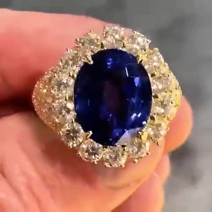 7.0Ctw Oval Royal Sapphire Blue Gold Handmade Engagement Ring-JEWELBUYS