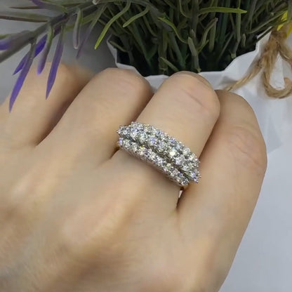 1.34Ctw Round-cut three-row sapphire bicolor gold ring- JEWELBUYS