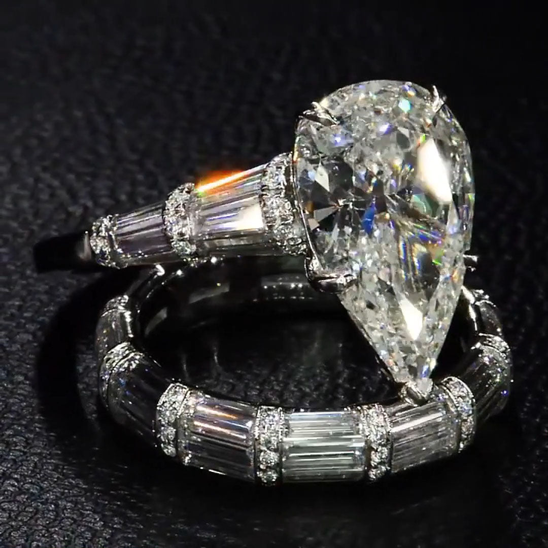 4ct Pear and Baguette Cut Delicate Band Stacking Ring-JEWELBUYS