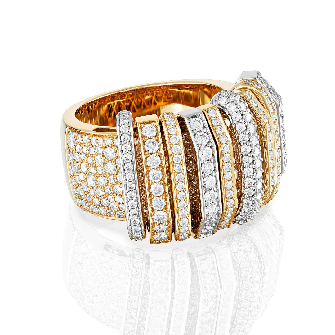 3ct Round Cut White Sapphire Pave on Band and Half Diamond Links Women's Ring in Gold-JEWELBUYS