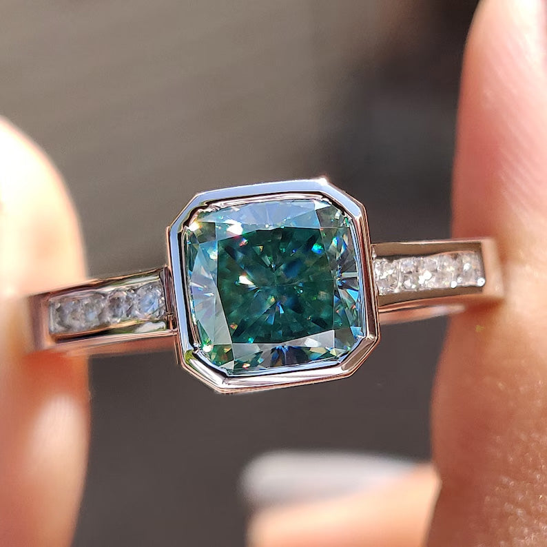 1.5Ct Cushion Cut Cyan Lab Sapphire Engagement Ring-JEWELBUYS