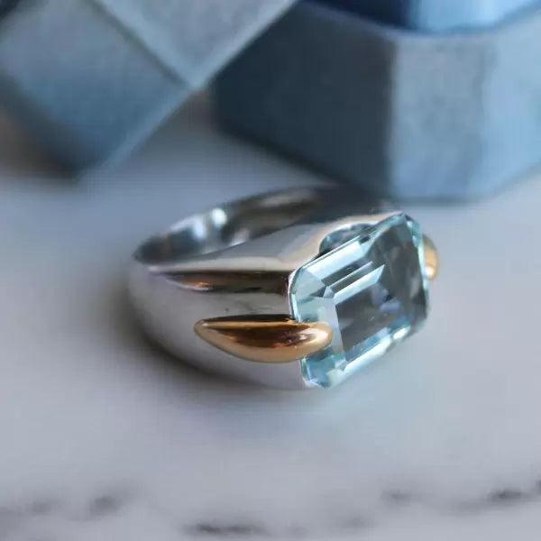 Minimalist 14ct Emerald Cut Blue Sapphire Cocktail Ring in Rose Gold and Silver-JEWELBUYS