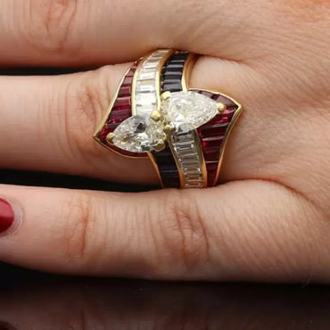 2.5ctw Vintage Pear Cut Tricolor Ruby White and Blue Sapphire Ring-JEWELBUYS