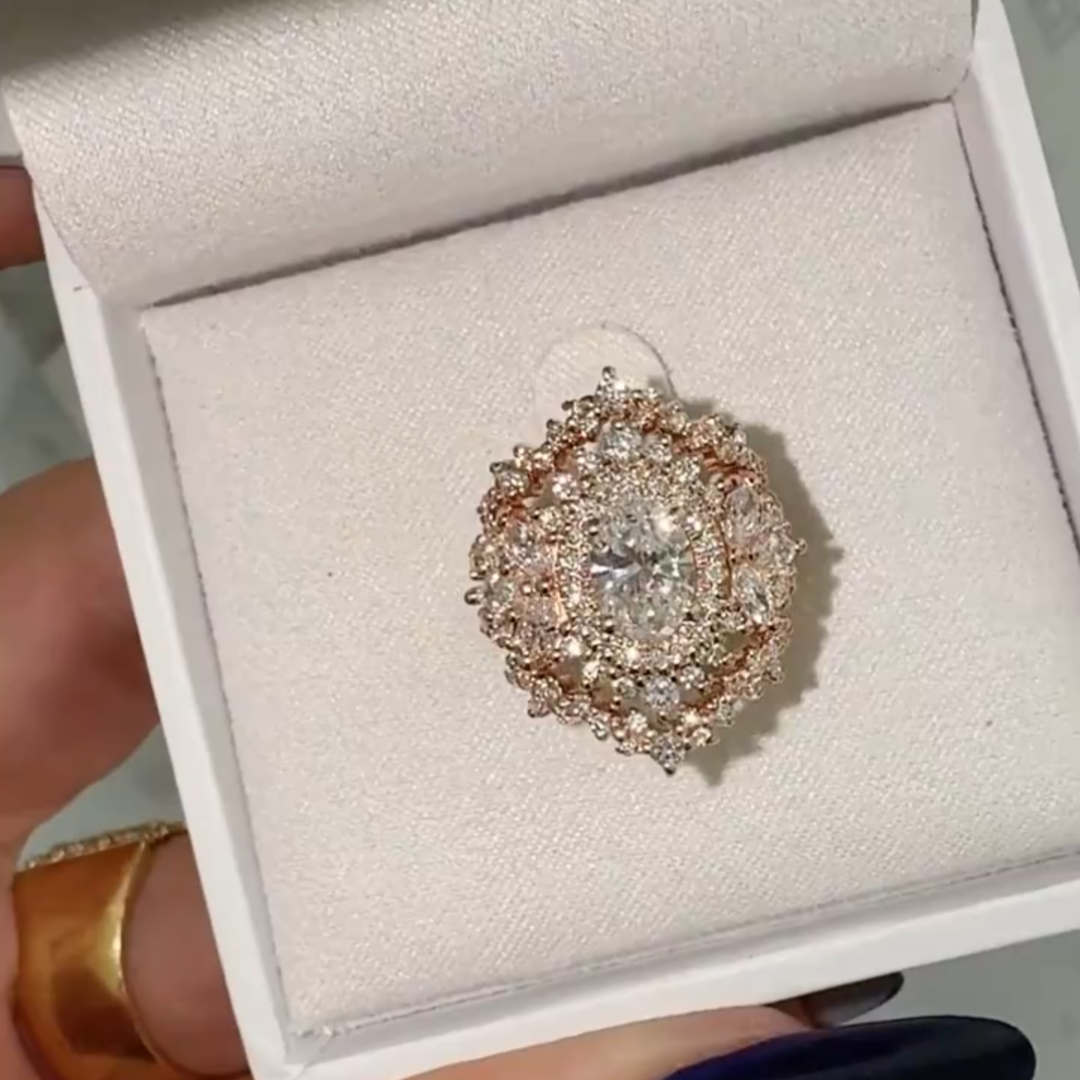Art Deco Design 6ct Oval Cut White Sapphire with Double Halo Unique Women's Engagement Ring in Rose Gold-JEWELBUYS