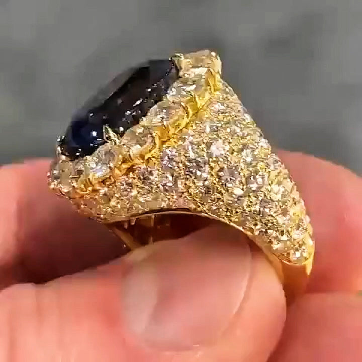 7.0Ctw Oval Royal Sapphire Blue Gold Handmade Engagement Ring-JEWELBUYS
