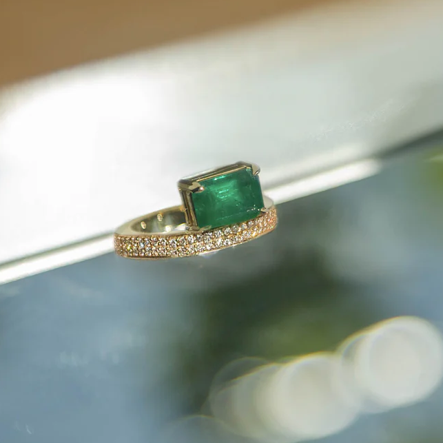 Personalized 2ct Emerald & Round Cut Green & White Sapphire Opening Ring-JEWELBUYS