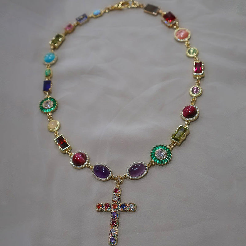 15Ctw Colored Sapphire Cross Pendant Necklace-JEWELBUYS