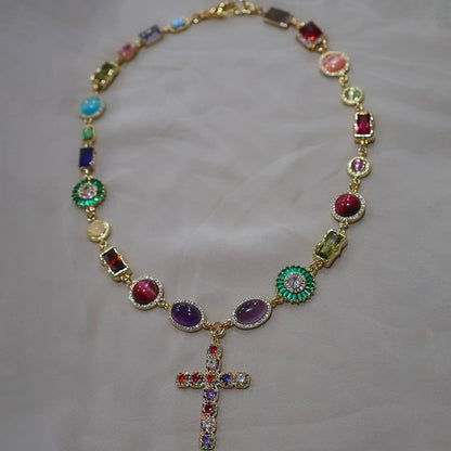 15Ctw Colored Sapphire Cross Pendant Necklace-JEWELBUYS