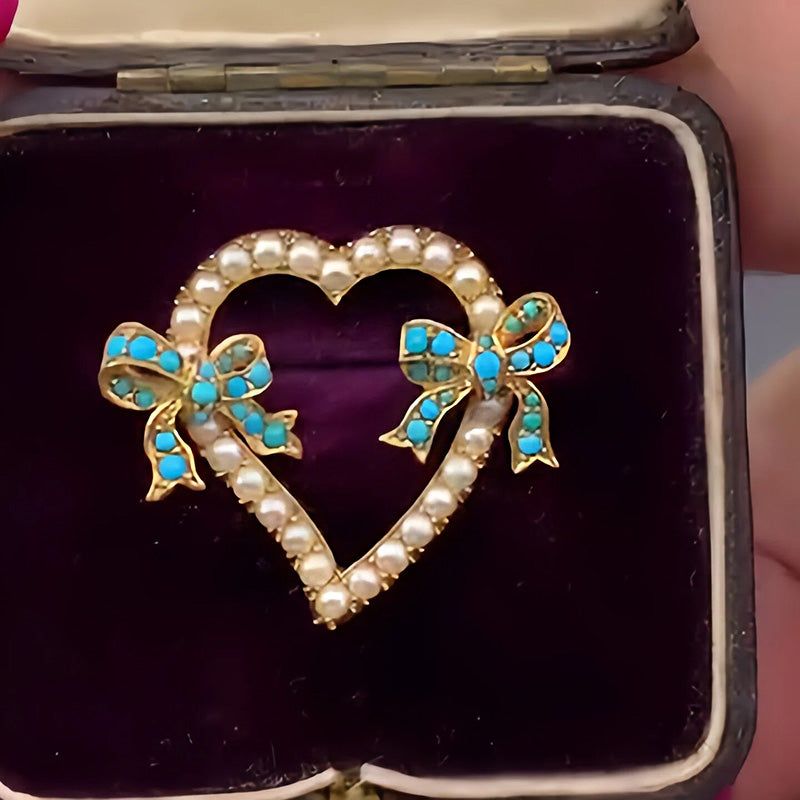 Pearl and Turquoise Heart and Bow Brooch-JEWELBUYS