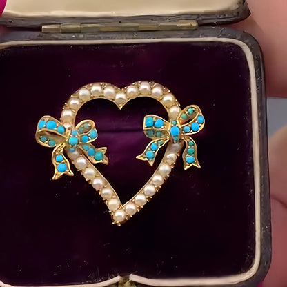 Pearl and Turquoise Heart and Bow Brooch-JEWELBUYS