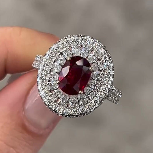 3.6ct Oval Cut Red Gemstone Pave Engagement Ring - JEWELBUYS