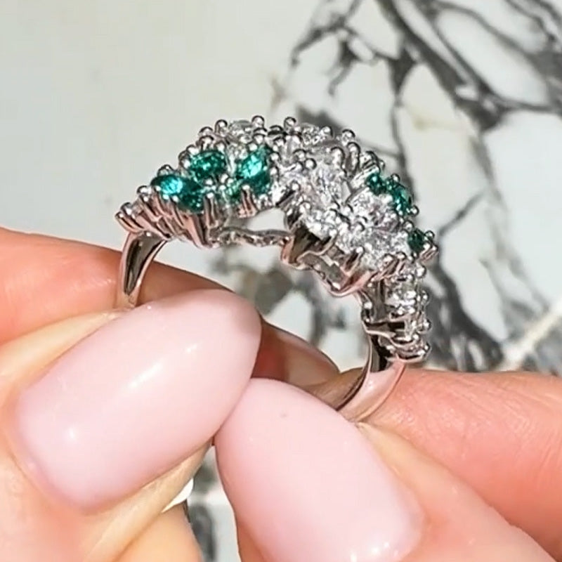 14ct Pear Cut Emerald and White Diamond Floral Ring - JEWELBUYS