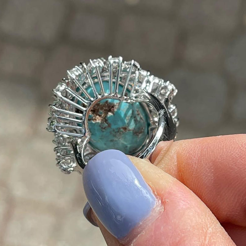 5.83Ctw Cabochon Blue Turquoise and White Sapphire Ring-JEWELBUYS