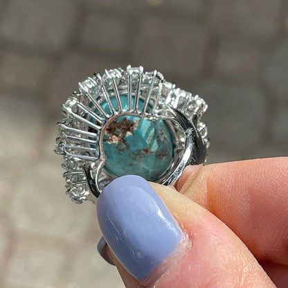 5.83Ctw Cabochon Blue Turquoise and White Sapphire Ring-JEWELBUYS