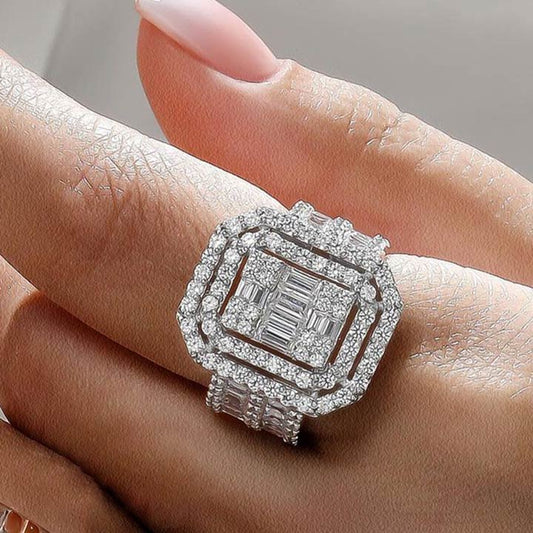 5.58ctw Radiant & Baguette Cut Wide Shank Halo Ring -JEWELBUYS