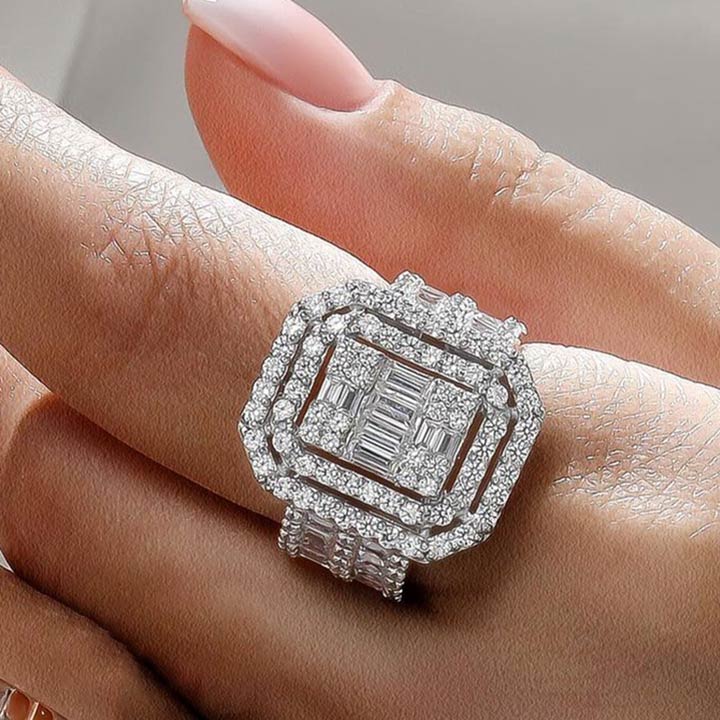 5.58ctw Radiant & Baguette Cut Wide Shank Halo Ring -JEWELBUYS
