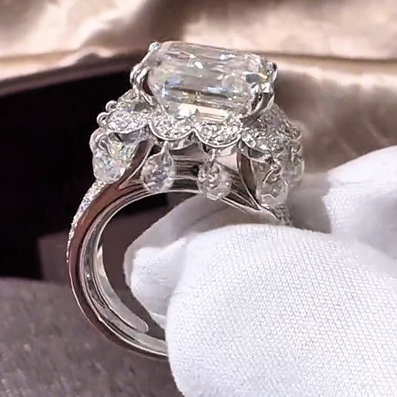 Incredible 5ct Emerald Cut with Oval Cut White Sapphire on the Sides Women's Engagement Ring in Silver-JEWELBUYS