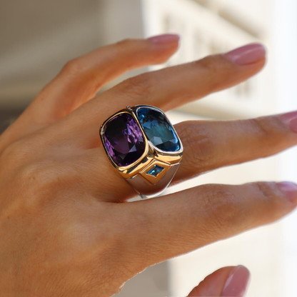 Unique 12 ctw Cushion Cut Blue & Purple & Yellow Gemstone Two Stone Cocktail Ring -JEWELBUYS