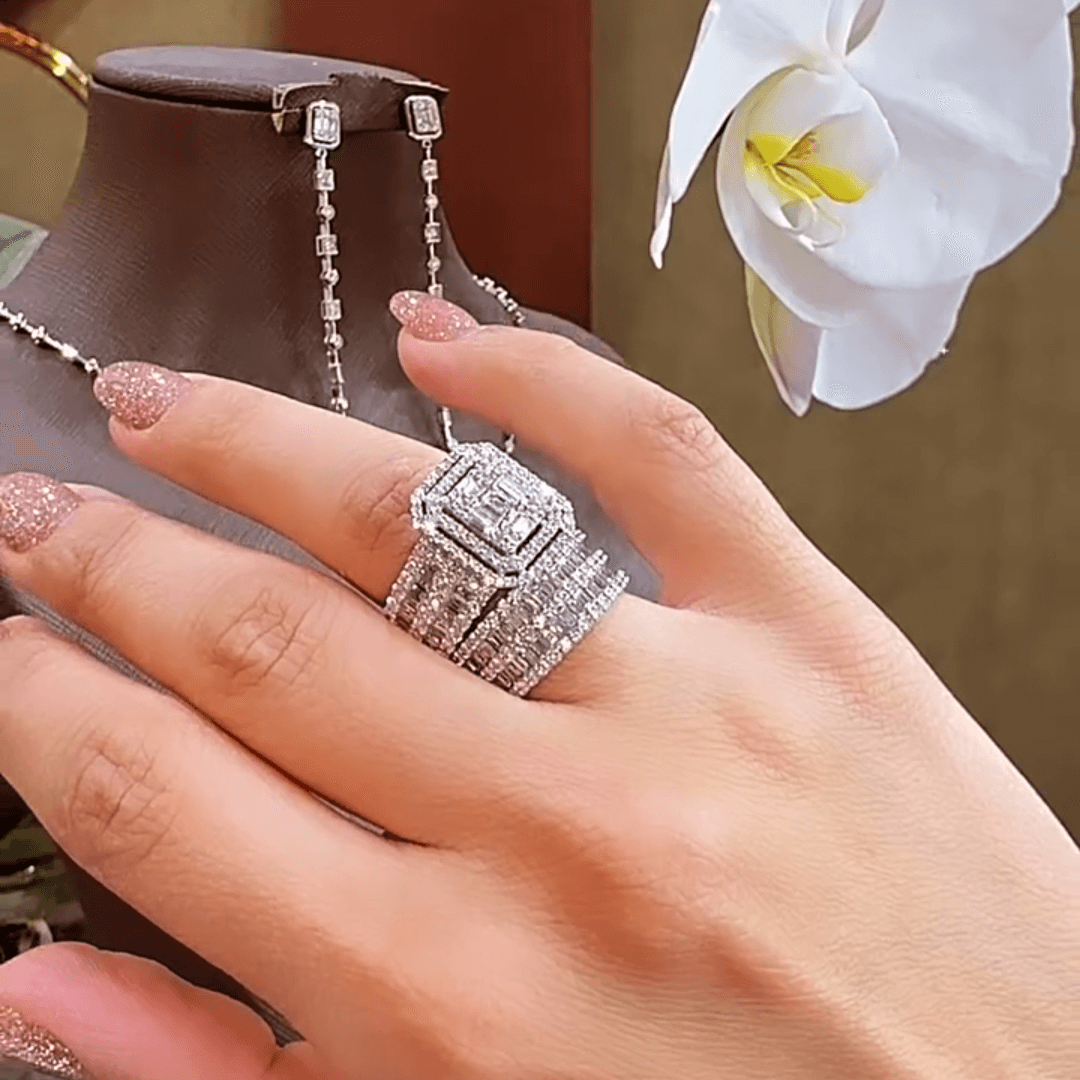 3ct Emerald & Round Cut White Sapphire Engagement Ring-JEWELBUYS