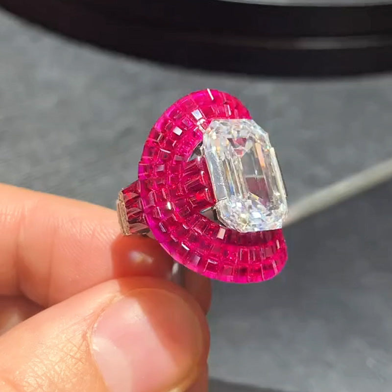 16 Ctw White Emerald Cut diamond Surrounded by Red Pavé Halo Ring - JEWELBUYS
