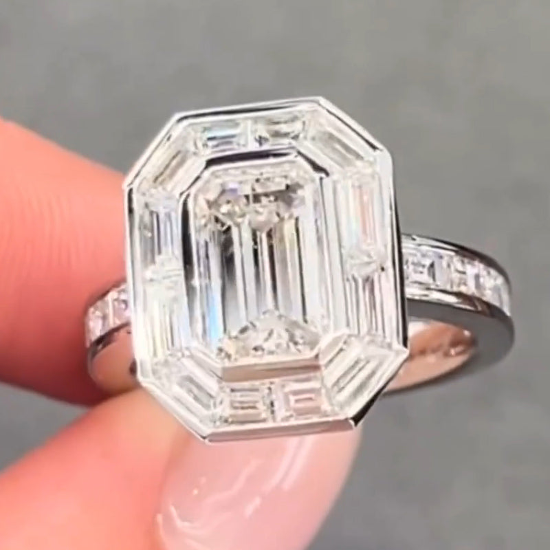 Stunning 3ct Emerald Cut White Sapphire Women's Engagement Ring in Silver-JEWELBUYS