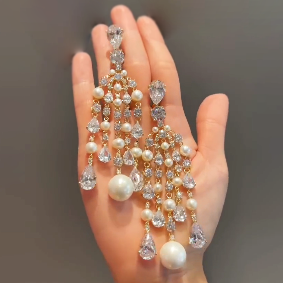 Fantasy 10 ctw Pear&Round Cut White Gemstone & Pearl Chandelier Earrings -JEWELBUYS