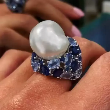Unique Irregular Pearl Oval Cut Blue & Aquamarine Sapphire Diamond Ring-JEWELBUYS