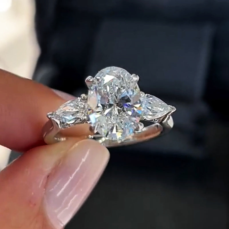Sparkly 4ct Oval Cut Centered with Two Pear Cut White Sapphire Women's Engagement Ring in Silver-JEWELBUYS