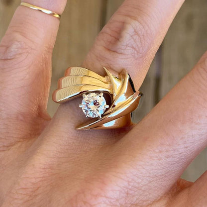 Unique 3ctw Round Cut White Diamond Solitaire Gold Swirl Engagement Ring  - JEWELBUYS