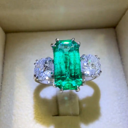 3.8Ctw Classic Three Stone Ring with Emeralds and Sapphires-JEWELBUYS