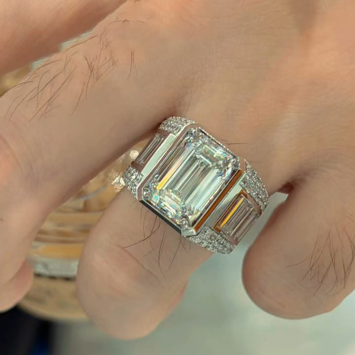 10Ctw Emerald-Cut Luxury Sapphire Wide Ring for Men-JEWELBUYS