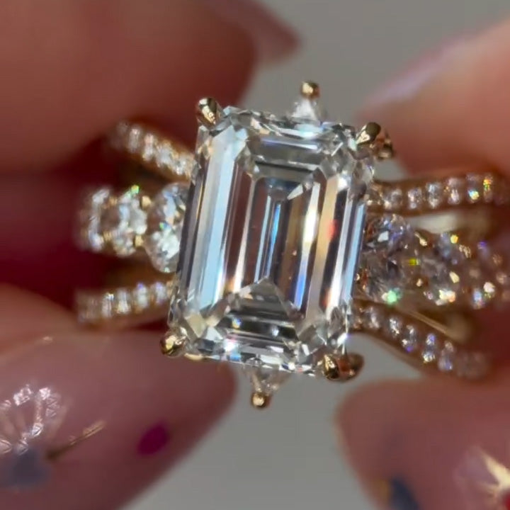4.0Ctw Brilliant Emerald-Cut Sapphire Vintage Scroll Stacked Ring-JEWELBUYS