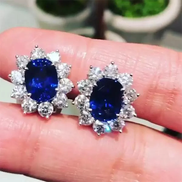 Classic 2ctw Oval & Round Cut Blue and White Sapphire Stud Earrings-JEWELBUYS